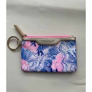 Lilly Pulitzer Blue & Pink Zip ID Wallet Coin Purse Keychain Pouch Accessory